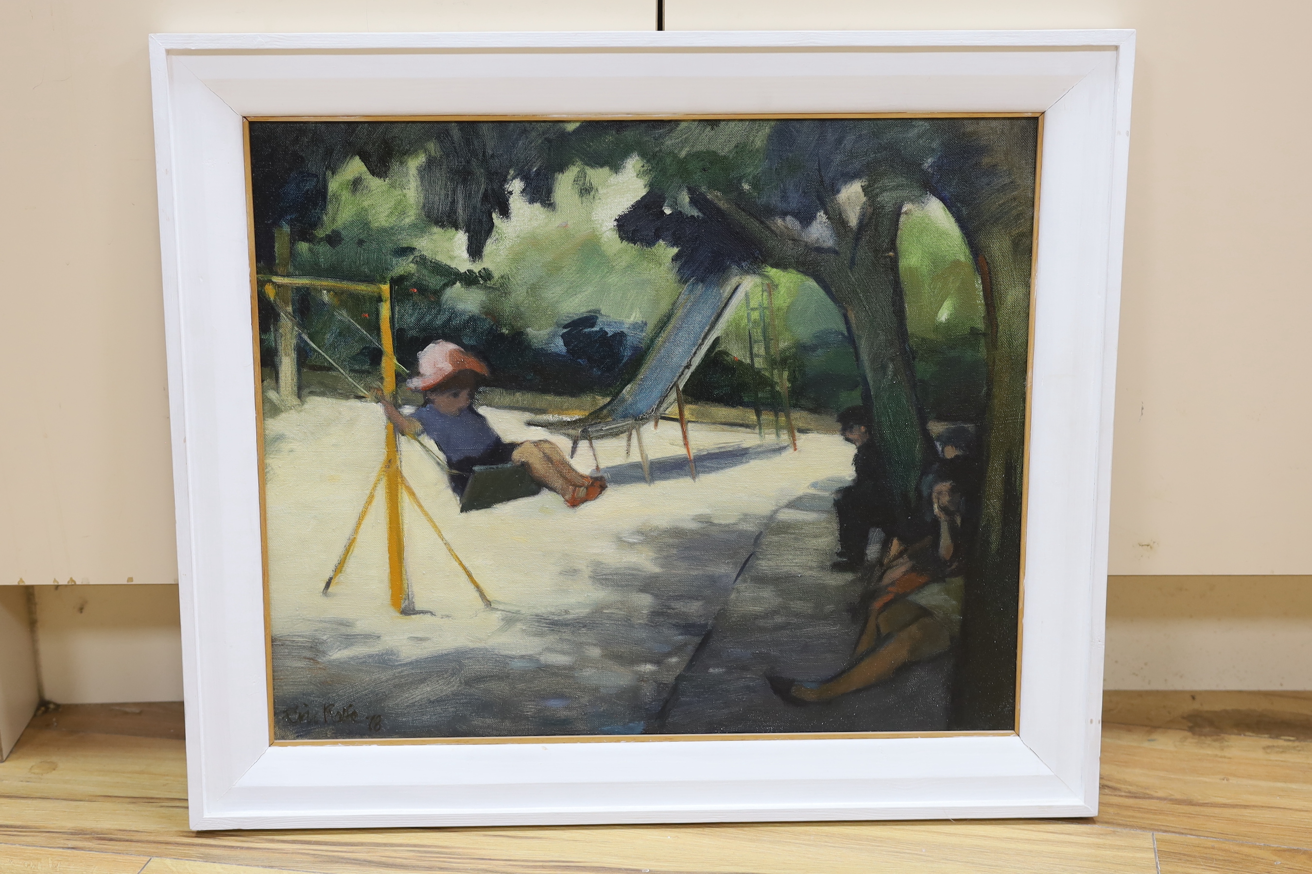 Eric Rolfe (fl.1973-1987), oil on canvas, Child on a swing, signed, with Southover Gallery label verso, 44 x 54cm